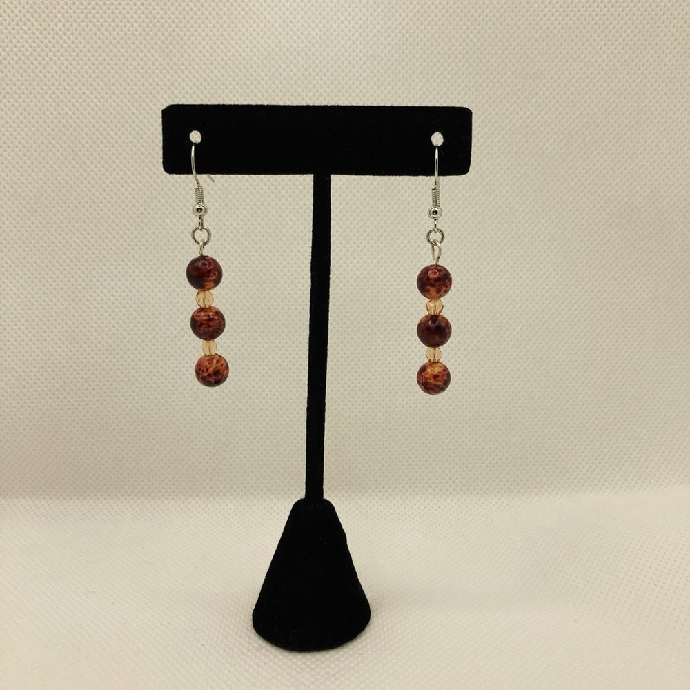 Brown Three-Bead Drop Earrings with Gold Accents